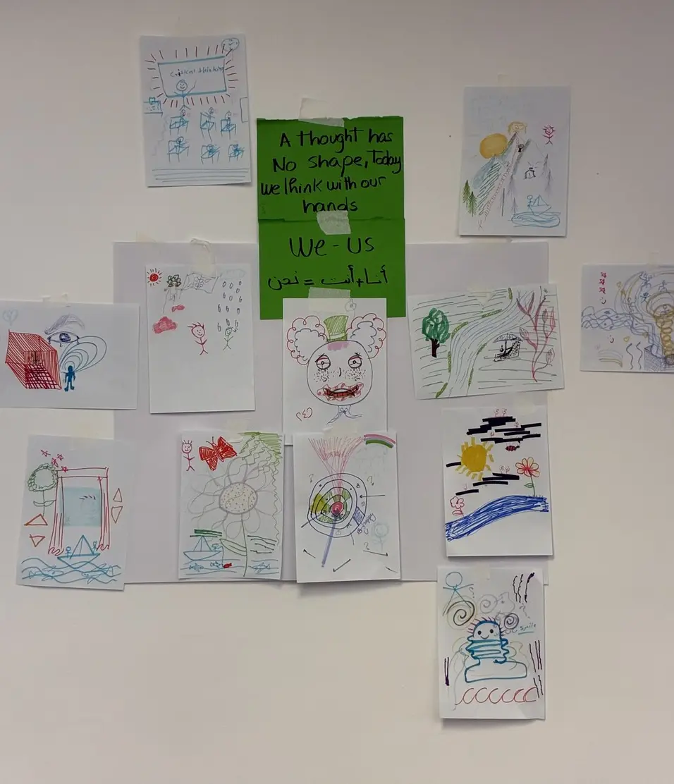 Drawings and ideas pinned to a wall after a game round at a Slí Nua workshop