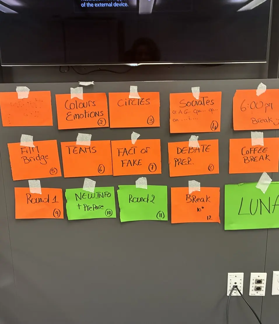 A wall of sticky notes from a Slí Nua critical-thinking workshop