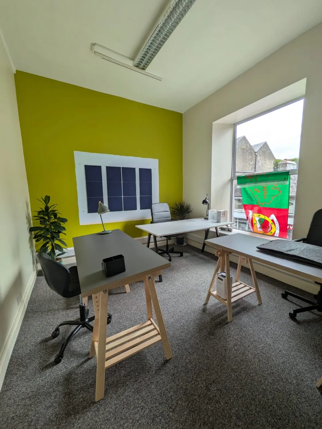 The hot-desk room with a green wall