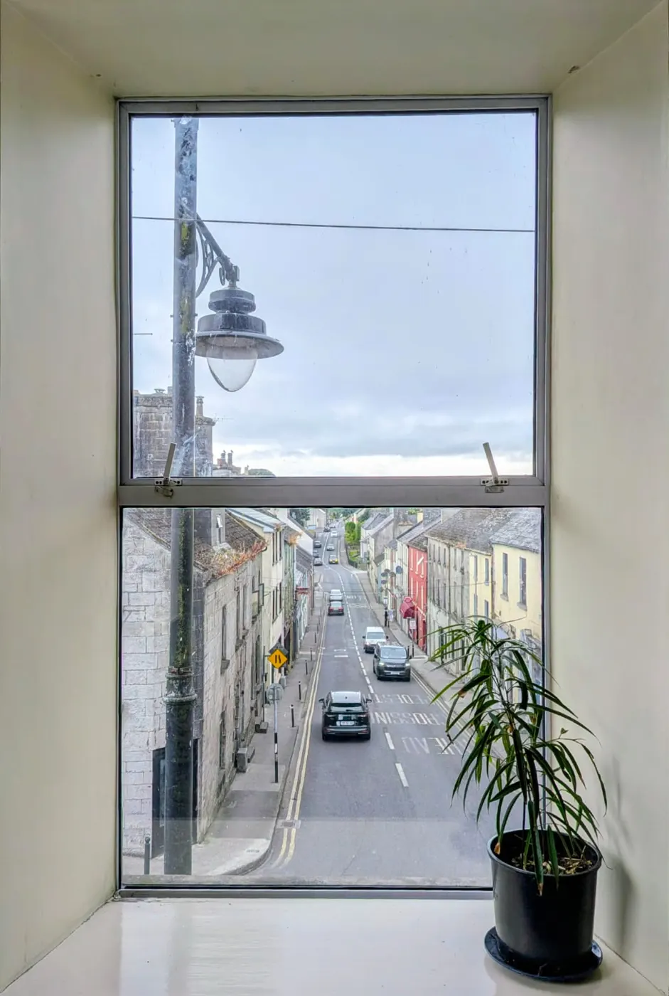 A desk by the window overlooking Ballinrobe
